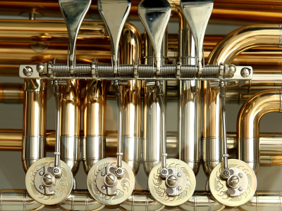 close-up of a trumpet on the valves